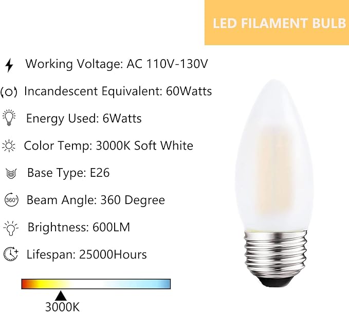 E26 LED Candelabra Light Bulbs 60W Equivalent, Dimmable 6W 3000K Soft White B11 Chandelier Frosted Glass Decorative Candle Light Bulbs, 6 Pack - Bloomnest