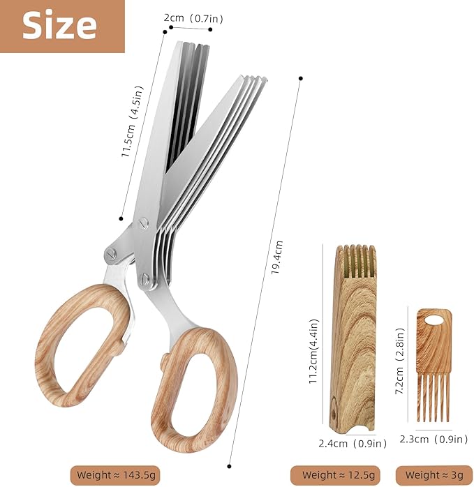 2025 New Herb Scissors Set - Wood Grain Pattern 5 Blades with Cover and Comb - Skin-Friendly Handle, Delicate Grip - Dishwasher Safe, Anti-Rust Stainless Steel for Cutting Fresh Garden Herbs - Bloomnest