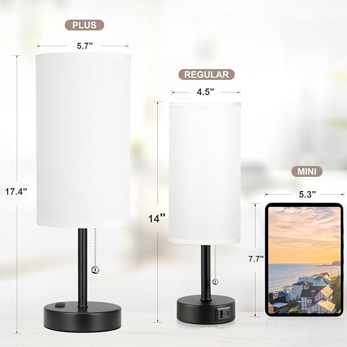 17.4Inches White Bedside Lamp for Bedroom Nightstand - Tall Lamp with USB A + C Charging Port & AC Outlet, 3 Color Temperatures Pull Chain, Side Desk Reading Light for Living Room - Bloomnest