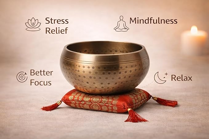 Tibetan Singing Bowl Set with Cushion & Mallet – Handmade Meditation Sound Bowl for Yoga, Healing, Mindfulness & Chakra Balancing (Brass, 4 Inch) KPAVIR