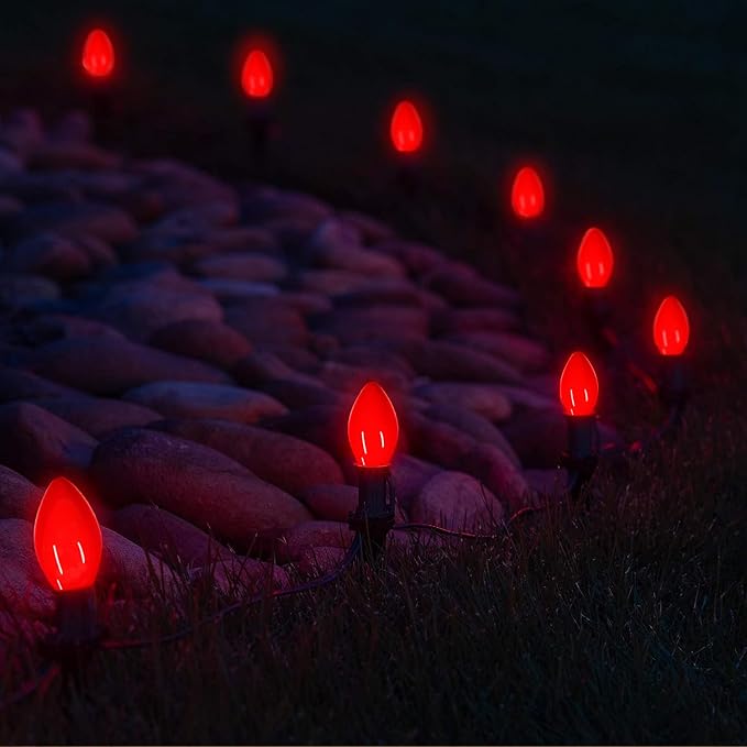 25 Pack C7 Red Ceramic Incandescent Replacement Bulbs, 5W Warm White 2200K, E12 Candelabra Base, Waterproof C7 Night Light Bulbs for Vintage Christmas Lights Outdoor Indoor Home Party Decorations - Bloomnest