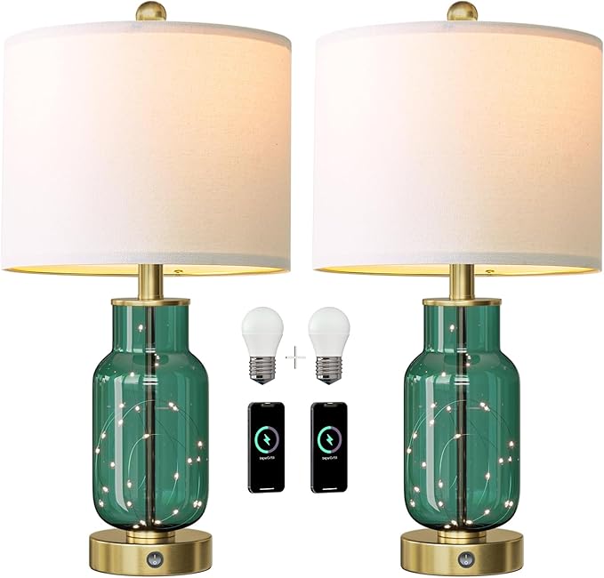 Oneach 22" Glass Table Lamps Set of 2, Green Modern Bedside Lamp with LED Night Light for Living Room, Nightstand Lamp with USB Ports for Bedrooms, Study Room, End Table(2 Bulbs Included) - Bloomnest