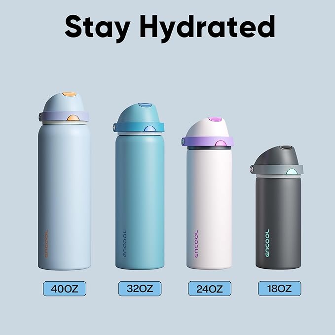 Insulated Water Bottle with Straw - Encool Stainless Steel Water Bottle with Push Button Lid, Leak-Proof & BPA-Free, Keeps Cold for 24 Hours for Sports, Travel, Gym (24 oz, Quill Grey-Blue) ENCOOL