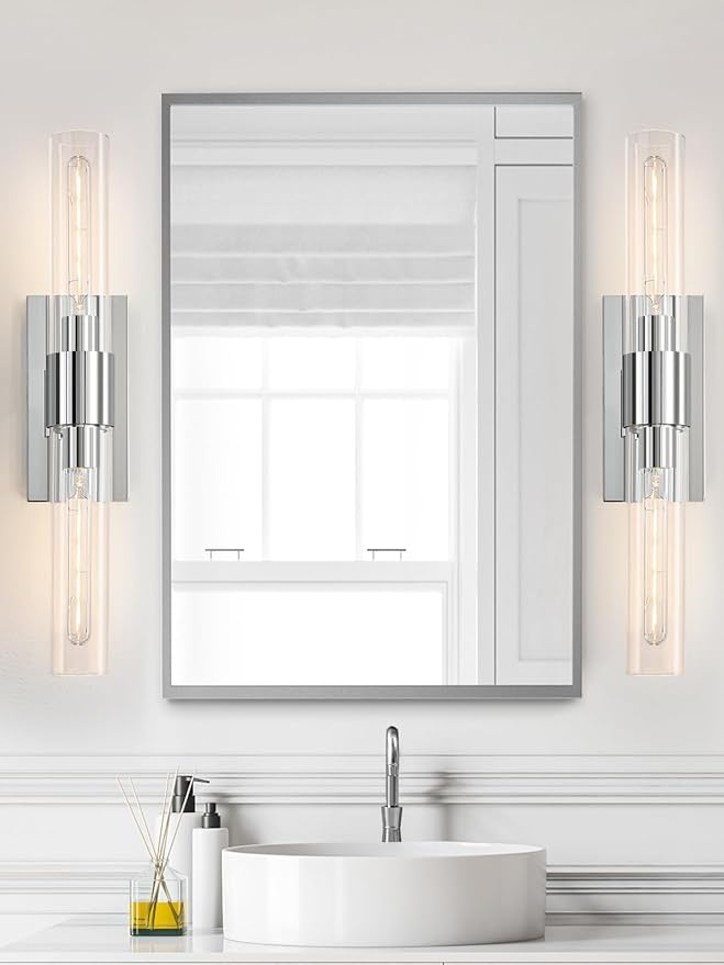 Chrome Tube Wall Sconces with Clear Glass, 24'' Modern Bathroom Vanity Light Fixtures for Bathroom Living Room Bedroom Hallway Fireplace Staircase(Bulb Included). - Bloomnest