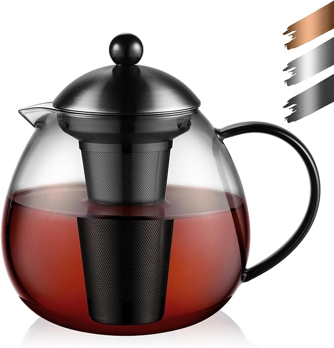 glastal 51 oz Large Glass Teapot with Infuser Stovetop Safe, Glass Tea Kettle for Stove Top, Clear Teapot with Strainer for Loose Tea (1500 ml) Black