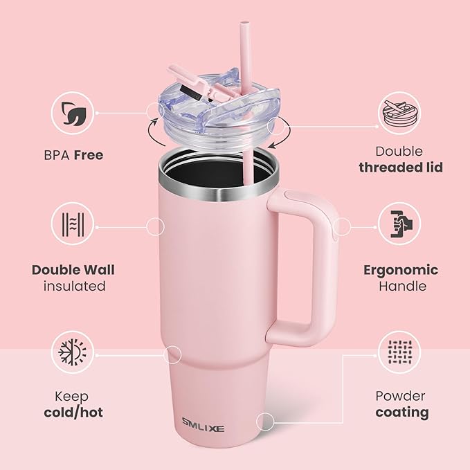 30 oz Tumbler with Handle, Tumbler with Lid and Straw, Double Wall Vacuum Insulated Travel Mug Stainless Steel Tumbler for Hot and Cold, Cupholder Friendly (Pink) - Bloomnest