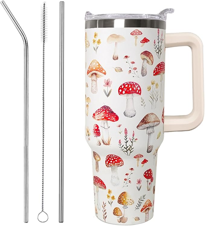Ceovfoi 40 Oz Mushroom Stainless Steel Coffee Travel Mug Cup Water Bottle Tumbler with Handle Lid and Straw,Mushroom Decor,Mushroom Gifts for Women - Bloomnest