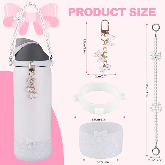 Water Bottle Accessories Set for Owala FreeSip 24oz、32 oz– Includes Pearl Handle Strap, Bow Charms,2.9in .3inch Silicone Bling Boot for Owala Accessories for Women Bloomnest