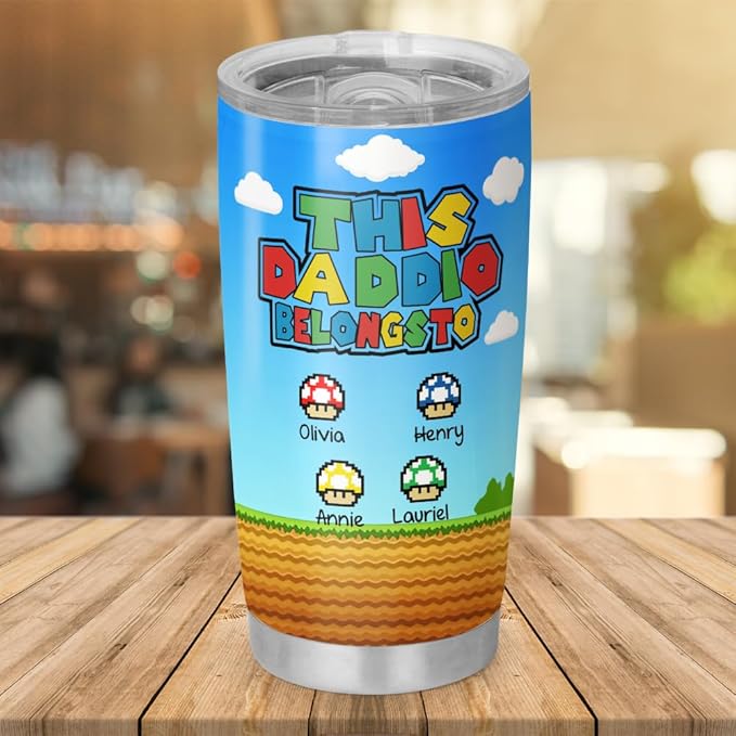This Daddio Belongs To Tumbler, 20oz or 30oz Personalized Gamer-Style Travel Mug with Kids' Names and Pixel Icons, Funny Gift for Dad, Father's Day Custom Stainless Steel Cup for Gamers - Bloomnest