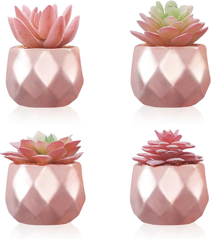 Tiita 4 Pack Artificial Faux Succulents in Pots, Mini Rose Gold Fake Plants for Women Desk, Small Realistic Faux Succulents for Home Office Accessories Window Sill Bathroom Bedroom, Rose Gold - Bloomnest