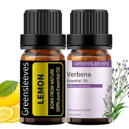 GREENSLEEVES Verbena Lemon Essential Oil Set, 2 x 10ml Pure Plant-Based Fragrance Oil for Aromatherapy, Essential Oils for Diffuser, Massage, Bath Bomb, Scented Candle Soap Making GREENSLEEVES