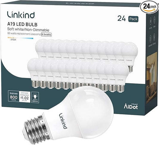 Linkind A19 LED Light Bulbs, 60W Equivalent, 8.5W Energy Efficient, 2700K Soft White Light Bulbs, 800 Lumens Non-Dimmable Bulbs, E26 Standard Base for Bedroom Home Office, 24 Packs - Bloomnest