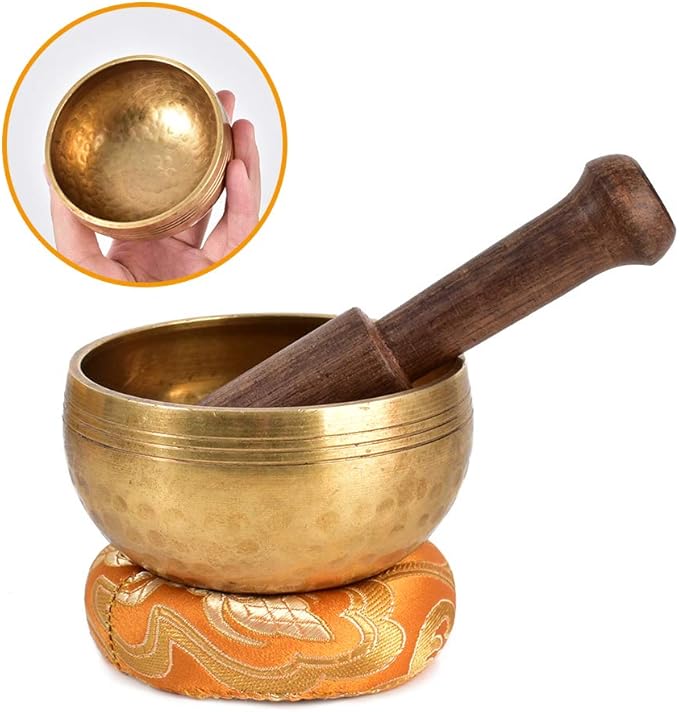 Tibetan Singing Bowl Set, Meditation Bowl Handcrafted for Yoga Room Living Room with Gold Silk Pouch - Bloomnest