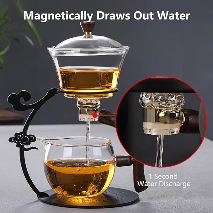 Lazy Kungfu Drip TeaPot, Heat Resistant Tea Set, Semi-Automatic Glass Teapot Suit for Magnetic Water Flow Wooden Glass Teapot Set