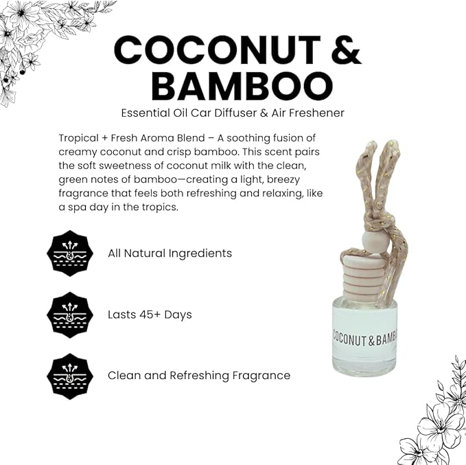 Bamboo and Coconut Hanging Car Air Freshener – Long Lasting Essential Oil Diffuser for Car, Closet, Bathroom – 2-Pack Natural Scent Deodorizer - Bloomnest