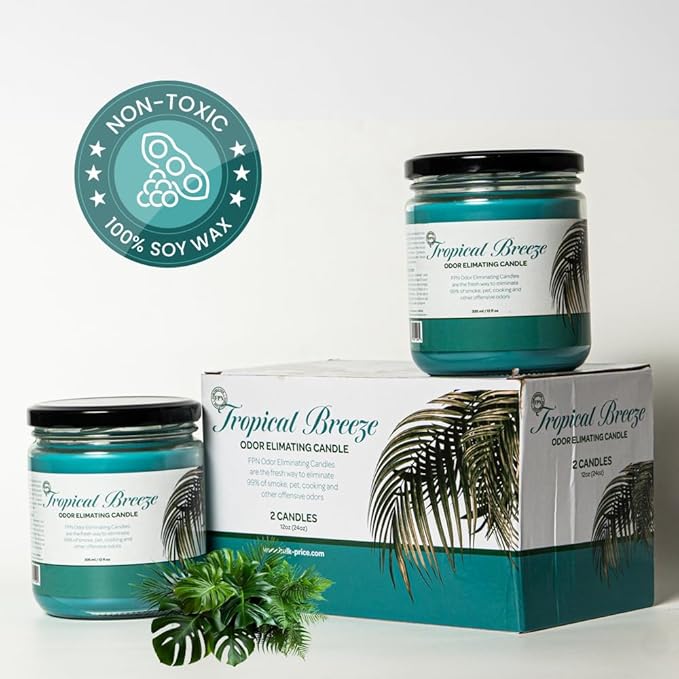 Candle Set Tropical Breeze Odor Eliminating – 2 Pack - 12oz – Long-Lasting Soy Wax Candles – Neutralizes Pet, Kitchen & Smoke Odors – Clean Burn, Eco-Friendly, Aromatherapy Candle - Bloomnest