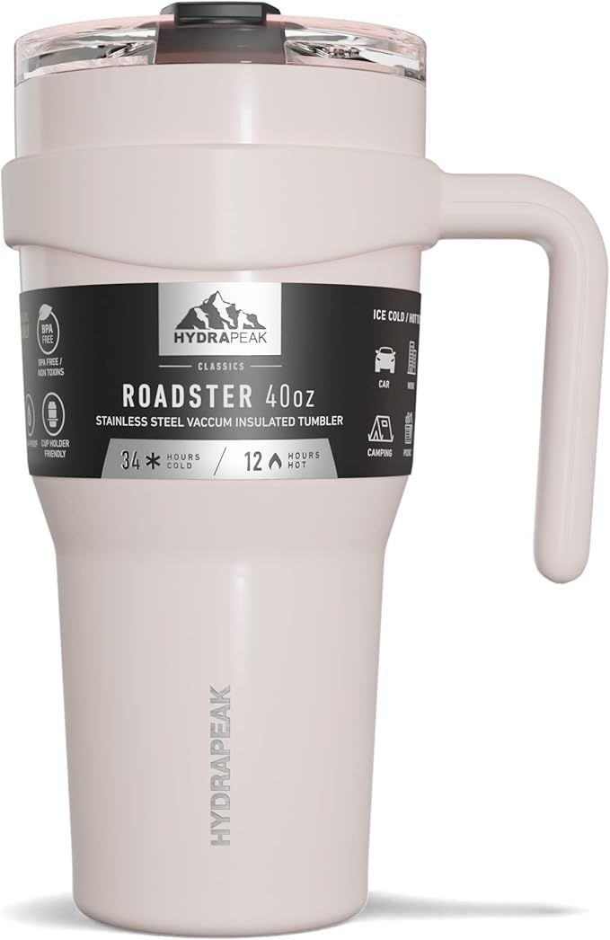 Hydrapeak Roadster 40oz Stainless Steel Tumbler Double Wall Vacuum Insulated Water Bottle With Handle And 2 in 1 Straw Lid (Seashell) - Bloomnest