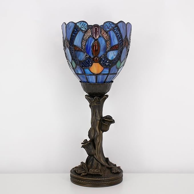 Small Tiffany Lamp Mini Stained Glass Table Lamp Blue Liaison Accent Desk Uplight W6 H13.5 Inch Bronze Resin Base - Bloomnest