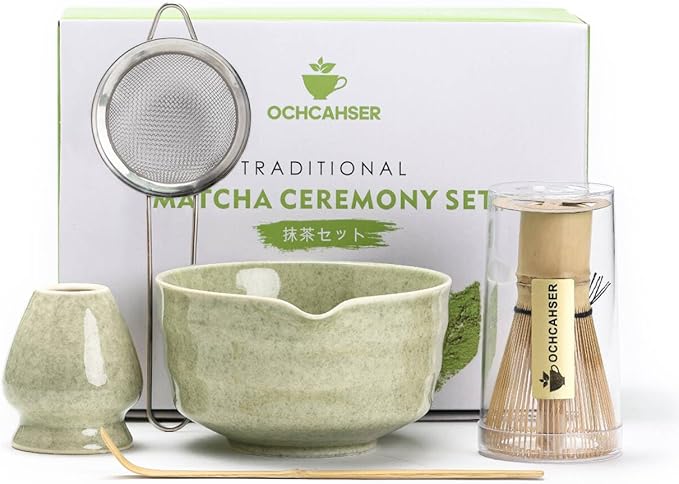 Matcha Set, Japanese Tea Set Includes Matcha Bowl with Spout, Matcha Whisk Holder, Bamboo Matcha Whisk and Bamboo Scoop, 17 oz Mottled Green Glaze Ceramic Matcha Kit for Tea Lovers - Bloomnest