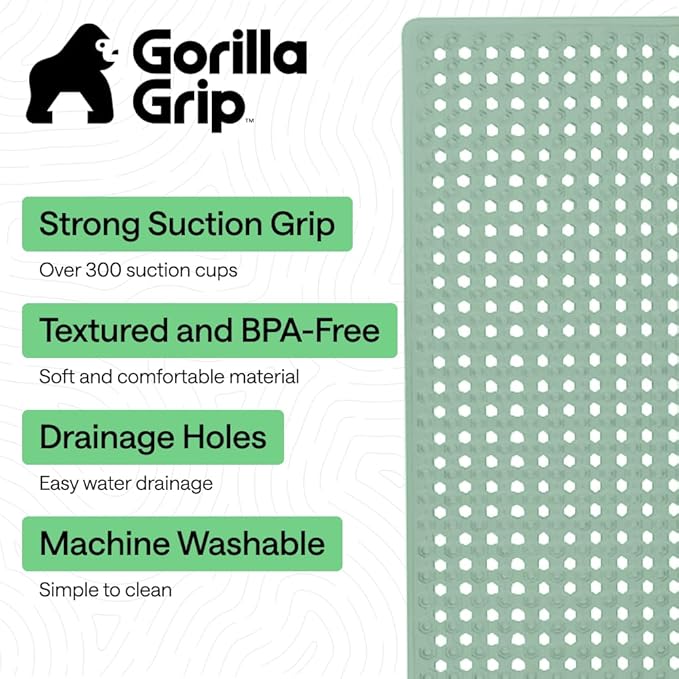 GORILLA GRIP Patented Bath Tub Shower Mat, Machine Washable Bathtub Floor Liner Mats, Suction Cups and Drain Holes to Keep Tubs Clean, Soft on Feet, Bathroom Essentials, 35x16 Inch, Mint Opaque - Bloomnest
