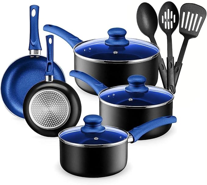 Chef's Star Pots And Pans Set Kitchen Cookware Sets Nonstick Aluminum Cooking Essentials 11 Pieces Blue - Bloomnest