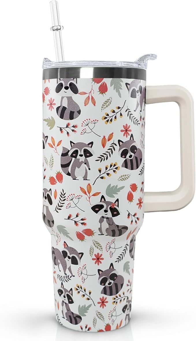 Ceovfoi 40 Oz Racoon Tumbler With Handle, Coffee Travel Mug Cup Water Bottle, Racoon Decor, Gifts for Women - Bloomnest