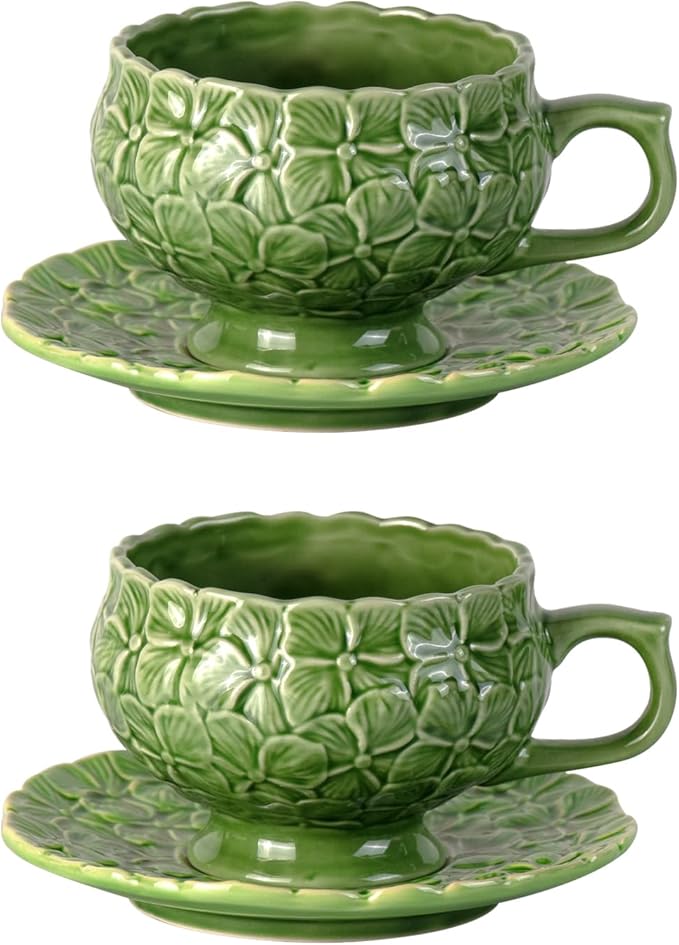 KAMMAK Tea Cups and Saucers Set of 2, Porcelain Coffee Cups, 8.5-Ounce Stackable Espresso Mugs, Ceramic Demitasse for Coffee, Latte, Americano, Tea, Green Flower - Bloomnest