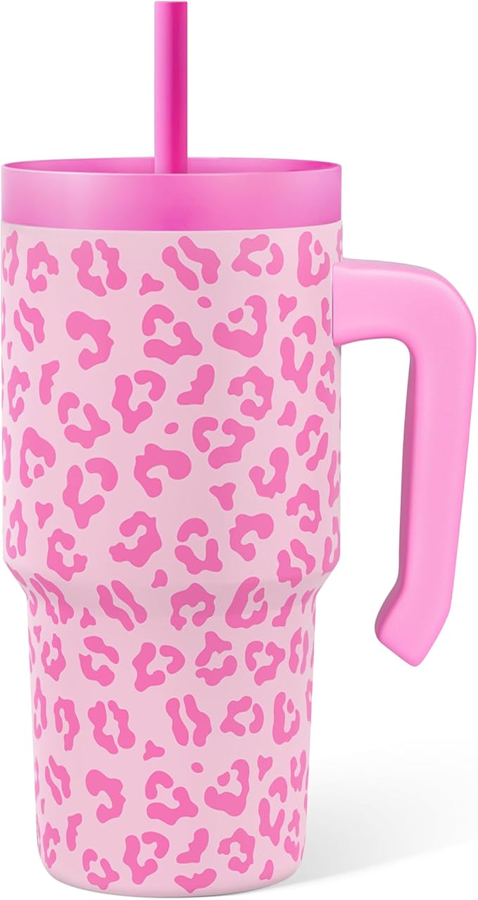 Leopard Print Kid 20oz Tumbler with Handle and Silicone Straw Lid, Insulated Stainless Steel Cup, Gift for Kids Girls, Gifts Idea for Birthday Christmas Back to School - Bloomnest