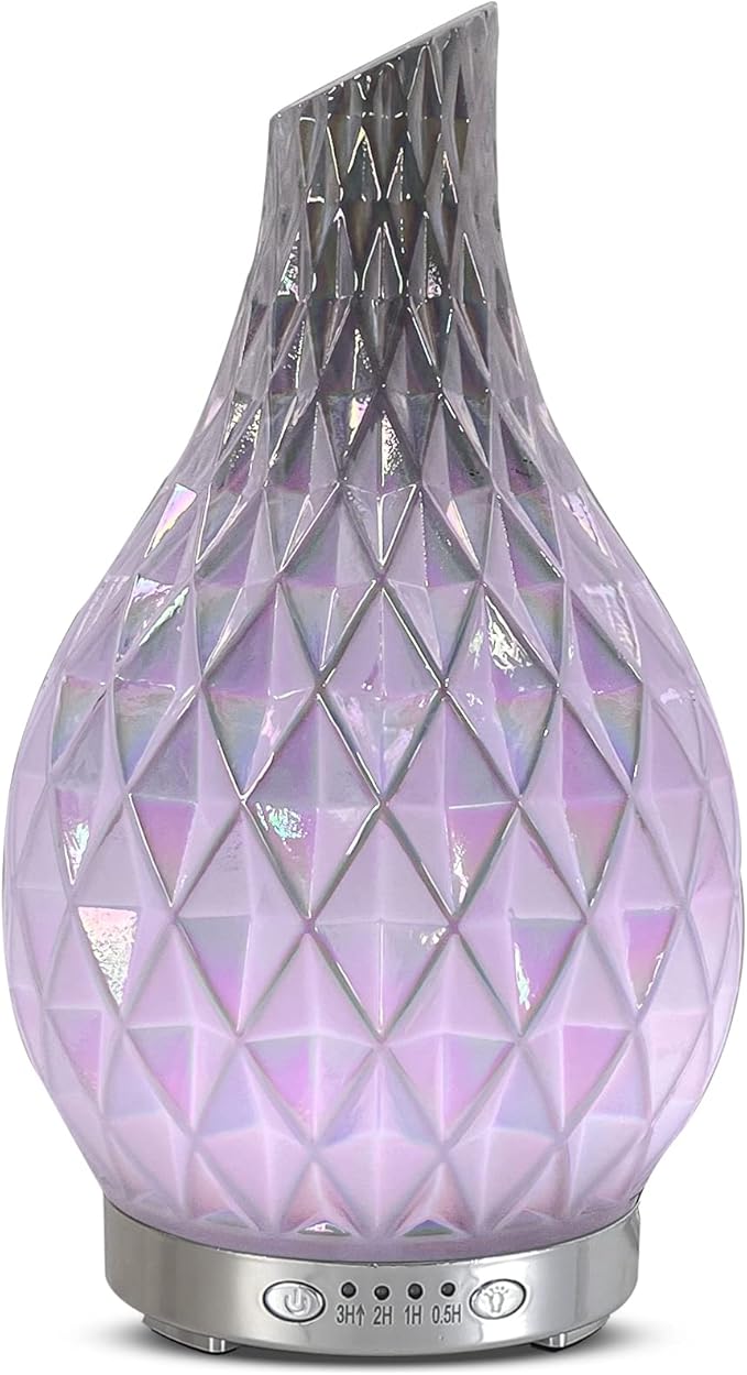 MAXWINER Essential Oil Diffuser Handmade Art Glass Aromatherapy Ultrasonic Humidifier with 7 Colors Lights Changing, Waterless Auto Shut-Off, Time Setting for Home, Office, Room 120ml (Diamond) - Bloomnest