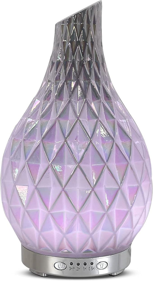 MAXWINER Essential Oil Diffuser Handmade Art Glass Aromatherapy Ultrasonic Humidifier with 7 Colors Lights Changing, Waterless Auto Shut-Off, Time Setting for Home, Office, Room 120ml (Diamond) - Bloomnest