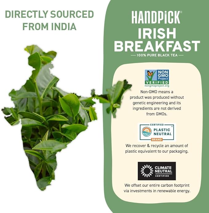 HANDPICK, Irish Breakfast Black Tea Bags (100 Count) Gluten-Free, Non-GMO | Strong, Robust & Bold Flavor | Round Eco-Conscious Tea Bags - Bloomnest