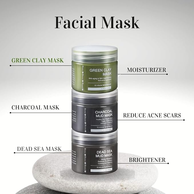 Clay, Dead Sea Mud & Charcoal Gel Face Mask Trio With Applicator, Deep cleansing Clay and Mask Applicator, Facial Therapy PH Balanced Hypo-allergenic - Bloomnest