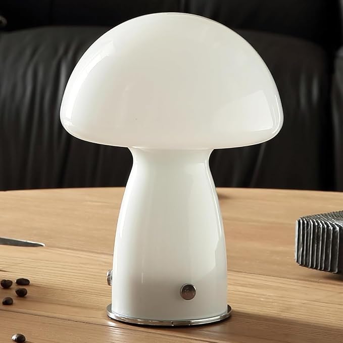 White Small Mushroom Table Lamp,3-Color Temperature Glass Desk Light,Bauhaus Decorative Nightstand Lamp,Vintage Style Table Light for Living Room Office - Bloomnest