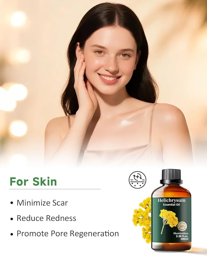 Helichrysum Essential Oil Pure, Mumianhua Natural Helichrysum Oil for Reed Diffusers, Home Humidifiers, Skin, Hair, Massage, DIY, Self-Care, Aromatherapy, Soap, Candle Making 3.38 Fl oz - Bloomnest