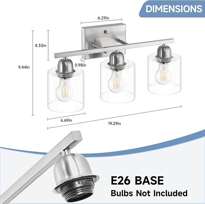 Modern Brushed Nickel 3 Light 19 inch Vanity Lights for Bathroom with Clear Glass, Bathroom Lighting Fixtures Over Mirror for Mirror Kitchen Living Room Hallway Cabinet Porch - Bloomnest