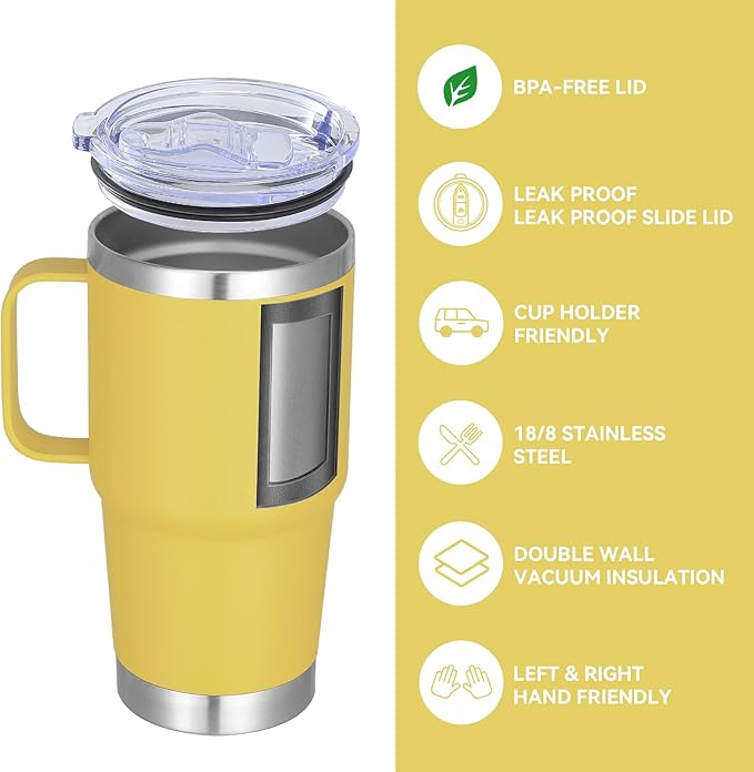 VEGOND 20 oz Tumbler Bulk with Handle Lid and Straw, Stainless Steel Insulated Travel Coffee Mug Set, Spill Proof Double Wall Metal Tumblers Cups, Yellow 6 Pack - Bloomnest