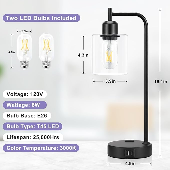 Industrial Touch Table Lamps for Bedrooms Set of 2 - 3-Way Dimmable Nightstand Lamps with USB C+A Ports and Outlet, Black Bedside Lamps with Glass Shade for Living Room, Desk Lamps for Home Office - Bloomnest