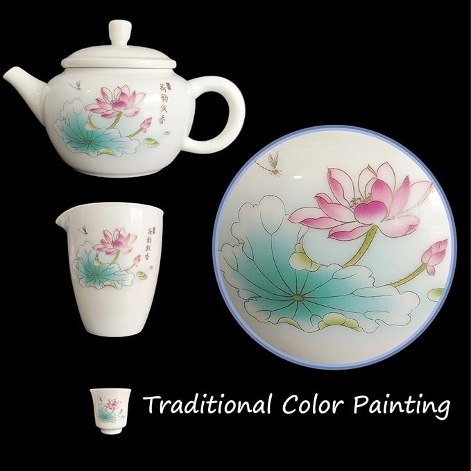 Lotus-Painted Chinese Gongfu Porcelain Tea Set: 6 Teacups & 1 Teapot. Made of Chinese/Japanese-style porcelain, ideal as a gift for business occasions & holidays (Lotus Design) - Bloomnest