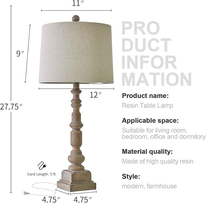 Oneach 27.75" Vintage Farmhouse USB Table Lamps Set of 2 for Living Room Bedroom Traditional Bedside Nightstand Lamp with Dual USB Port Resin Table Lamp with Rotary Switch for Living Room Bedroom - Bloomnest