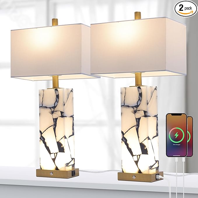Natural Marble Table Lamps Set of 2: 3-Color Temperatures Alabaster Lamp with Nightlight, Bedside Lamps with USB Ports, Bedroom Lamps for Night Stands End Table Lamps for Living Room, Bulbs Included - Bloomnest