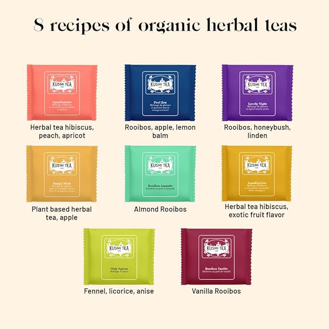 Kusmi Tea - Organic Herbal Tea Gift Set - Sampler Assortment Variety Box - Gift Idea for Men and Women - Caffeine-Free Teas - Hibiscus Tea, Chamomile Tea, Rooibos - 8 Recipes - 24 Tea Bags - Bloomnest