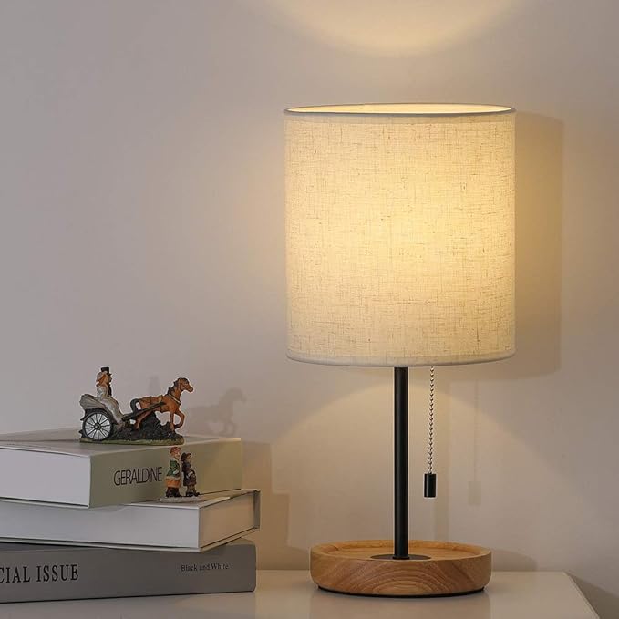 CADUKE Modern Table Lamp, Nightstand Desk Lamp, Bedside Lamp with Wood Base and Linen Shade for Living Room, Bedroom, Office, College Dorm - Bloomnest