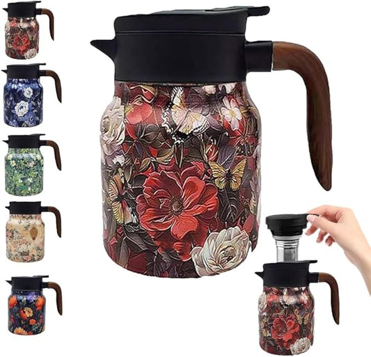Vintage Floral Pattern Tea Pots – Built-in Infuser,Vintage Floral Teapot with Built In Infuser Stainless Steel Thermal Carafe with Lid for Hot Drinks(Wooden handle,35oz)