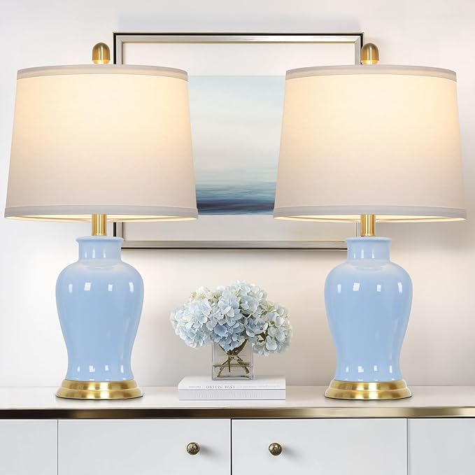 Blue Ceramic Table Lamps Set of 2, 23" Coastal Ceramic Lamps with Ginger Jar Design, Modern Bedside Lamp for Living Room End Table, Elegant Bedroom Lamp for Nightstand Desk Side Home Decor - Bloomnest
