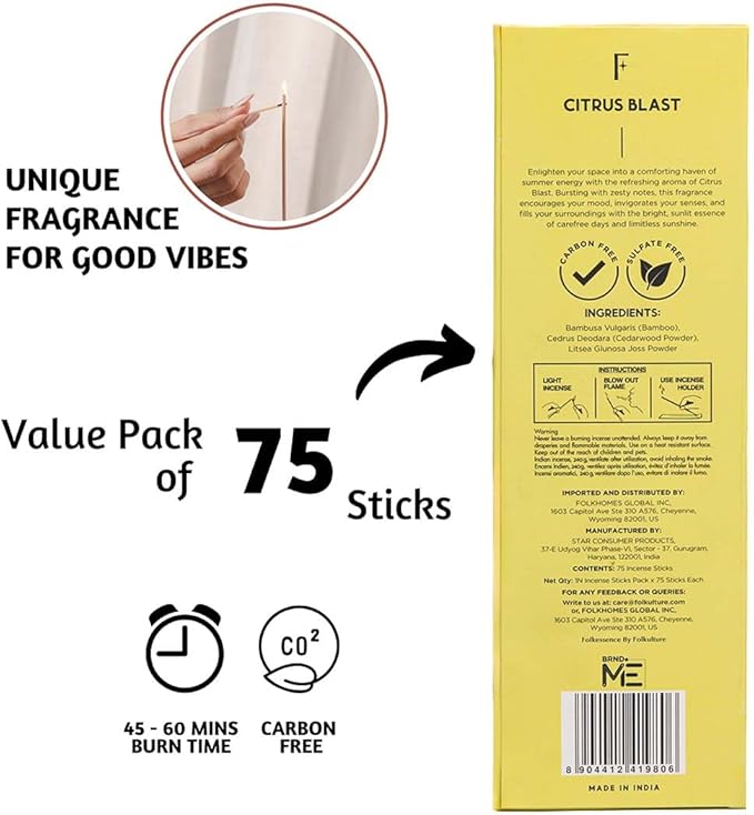Folkulture Incense Sticks (75 Sticks) |8" Premium Smell Like Summer Incense Sticks For Gifts,Aromatherapy|No Charcoal,Organic,Non Toxic,45 Mins, Long Burning Citrus, Fresh Summer Scents Insence-Sticks FOLKULTURE