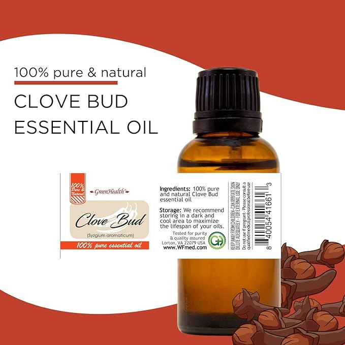 GreenHealth Clove Bud Essential Oil - 15 ml - Amber Glass Bottle with Euro Dropper - 100% Pure Essential Oil