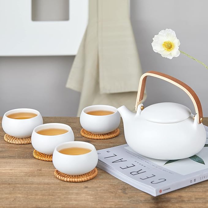 ZENS Modern Japanese Tea Set, 27 oz Ceramic Japanese Teapot with Fine Stainers and 4 Cups for Loose Leaf Tea Steeper, Wood Handle Matte Japanese Teapots Hot Tea Brewer for Tea Party Women Gifts - Bloomnest