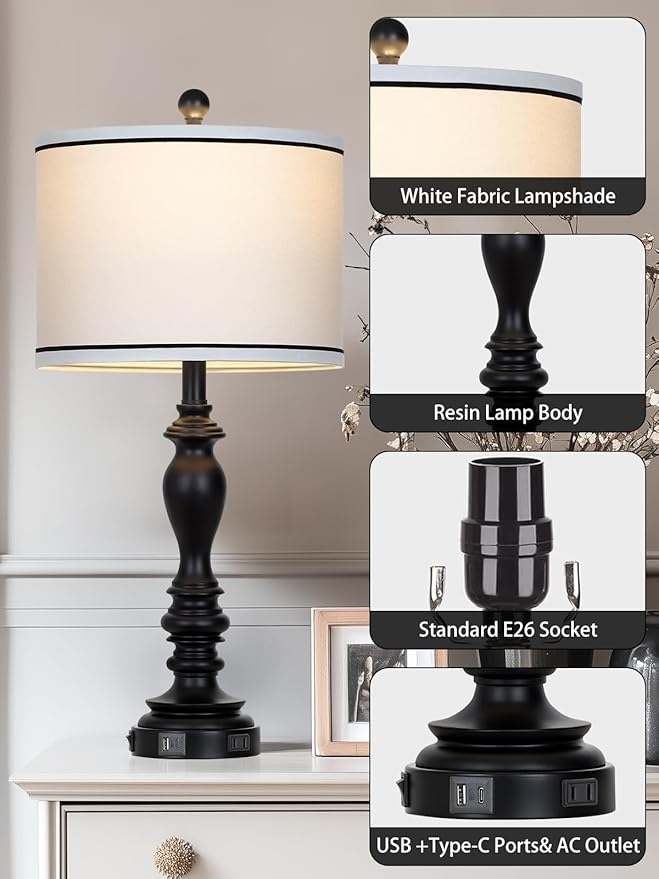 28" Set of 2 Farmhouse Table Lamps for Living room, Bedside Lamp with USB C+A Ports & AC Outlets, Black Vintage End Table Lamps for Bedrooms, Nightstand Lamps Fabric Shades Rustic 2 LED Bulbs Included - Bloomnest
