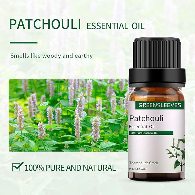 GREENSLEEVES Patchouli Chamomile Essential Oil Set, 2 x 10ml Pure Plant-Based Fragrance Oil for Aromatherapy, Essential Oils for Diffuser, Massage, Bath Bomb, Scented Candle Soap Making GREENSLEEVES