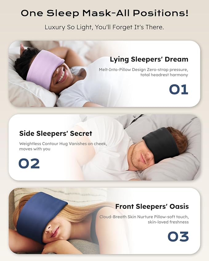 Dual-Sided Sleep Mask for Side Sleepers, Soundless Velcro, Bamboo Fiber & Milk Silk Eye Mask, Zero Pressure Sleeping Mask for Women & Men, Eye Relief Blindfold for Nap, Travel Essentials, Purple - Bloomnest